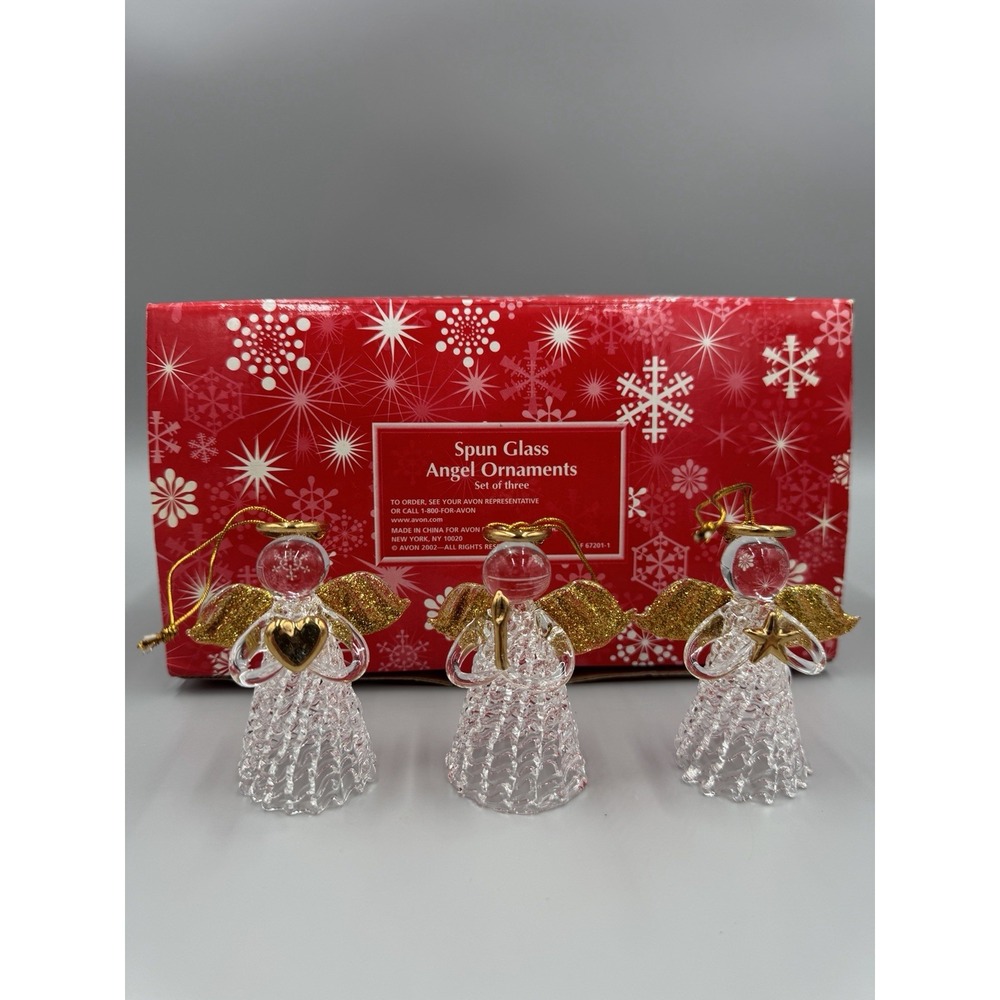 2002 Avon Set of 3 Spun Glass Angel Christmas Ornaments W/ Gold Trim